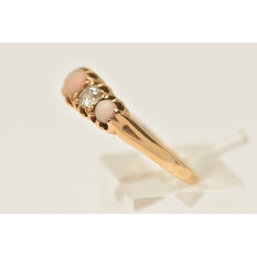 466 - A LATE VICTORIAN 18CT GOLD CORAL AND DIAMOND RING, set with three circular cut coral cabochons, inte... 