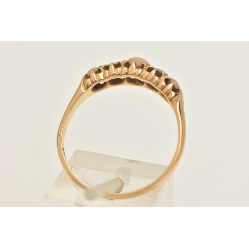 466 - A LATE VICTORIAN 18CT GOLD CORAL AND DIAMOND RING, set with three circular cut coral cabochons, inte... 