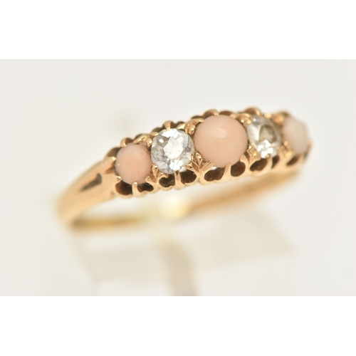466 - A LATE VICTORIAN 18CT GOLD CORAL AND DIAMOND RING, set with three circular cut coral cabochons, inte... 