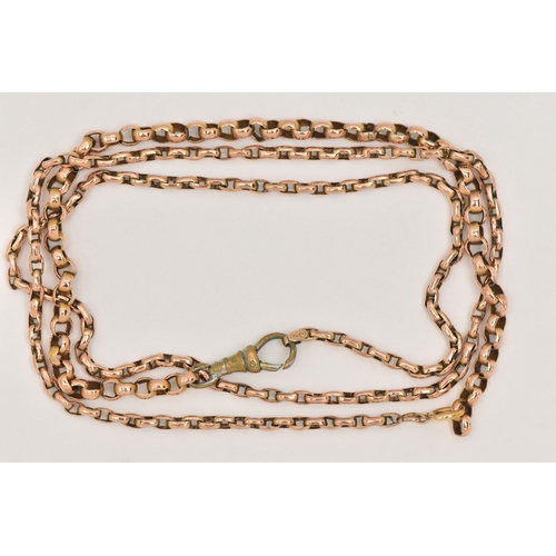468 - A ROSE METAL CHAIN AND A BRACELET, the belcher chain fitted with a spring clasp, one link with 9ct t... 