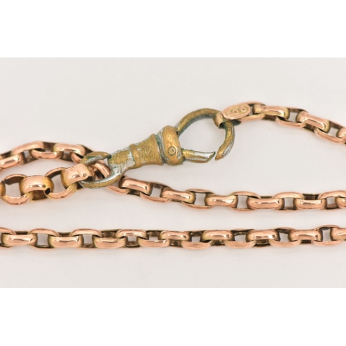 468 - A ROSE METAL CHAIN AND A BRACELET, the belcher chain fitted with a spring clasp, one link with 9ct t... 