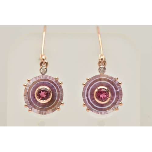 471 - A PAIR OF 9CT GOLD GEM SET DROP EARRINGS, each earring designed as a circular cut amethyst in a doub... 