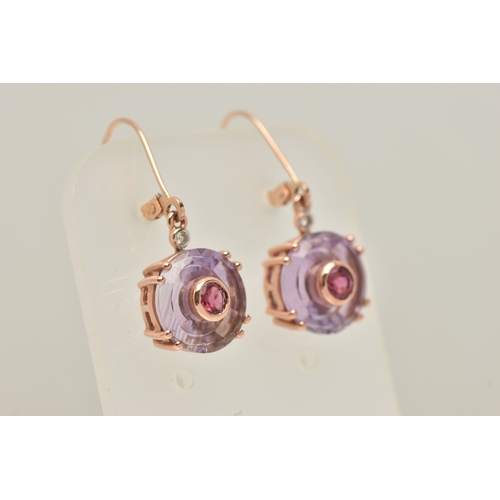 471 - A PAIR OF 9CT GOLD GEM SET DROP EARRINGS, each earring designed as a circular cut amethyst in a doub... 