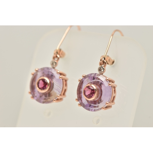 471 - A PAIR OF 9CT GOLD GEM SET DROP EARRINGS, each earring designed as a circular cut amethyst in a doub... 