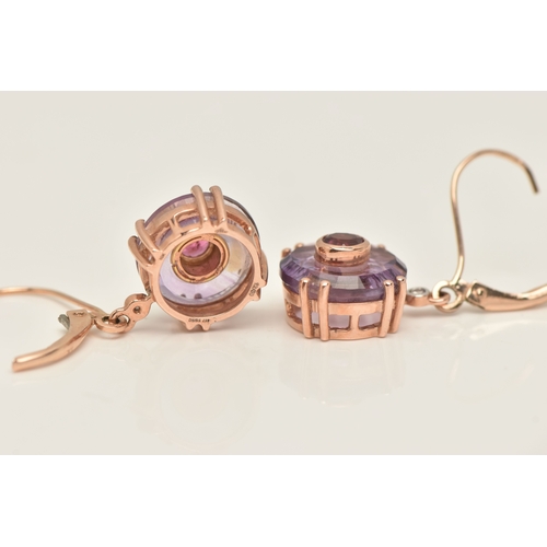 471 - A PAIR OF 9CT GOLD GEM SET DROP EARRINGS, each earring designed as a circular cut amethyst in a doub... 