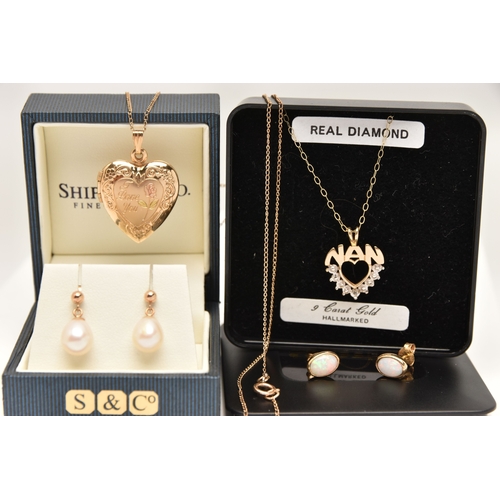 473 - A SMALL ASSORTMENT OF JEWELLERY, to include a pair of 9ct gold opal stud earrings, post and scroll f... 