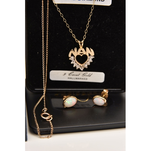 473 - A SMALL ASSORTMENT OF JEWELLERY, to include a pair of 9ct gold opal stud earrings, post and scroll f... 
