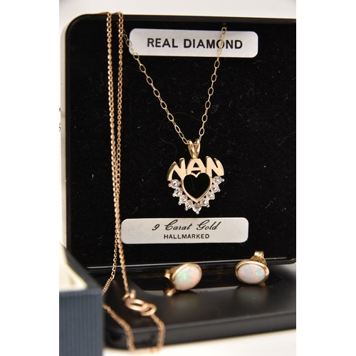 473 - A SMALL ASSORTMENT OF JEWELLERY, to include a pair of 9ct gold opal stud earrings, post and scroll f... 