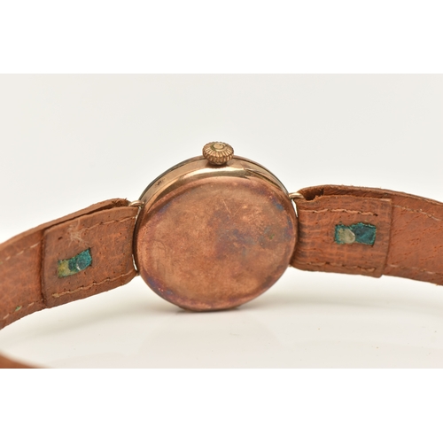 487 - A 9CT GOLD WRISTWATCH, manual wind, round white dial, Arabic numerals, blue steel hands, subsidiary ... 