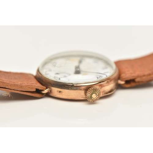 487 - A 9CT GOLD WRISTWATCH, manual wind, round white dial, Arabic numerals, blue steel hands, subsidiary ... 