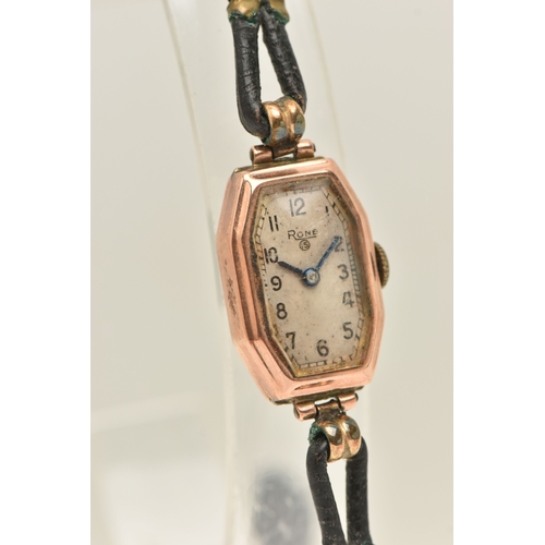 490 - A LADIES 9CT ROSE GOLD WRISTWATCH, manual wind, rectangular silvered dial signed 'Rone', Arabic nume... 