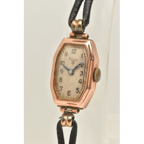 490 - A LADIES 9CT ROSE GOLD WRISTWATCH, manual wind, rectangular silvered dial signed 'Rone', Arabic nume... 