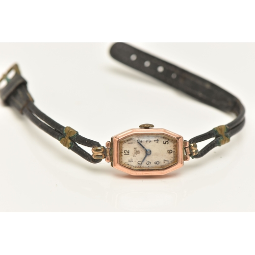 490 - A LADIES 9CT ROSE GOLD WRISTWATCH, manual wind, rectangular silvered dial signed 'Rone', Arabic nume... 