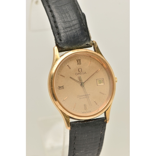 492 - A GENTS YELLOW METAL 'OMEGA' QUARTZ WRISTWATCH, round gold tone dial signed 'Omega Seamaster Quartz'... 