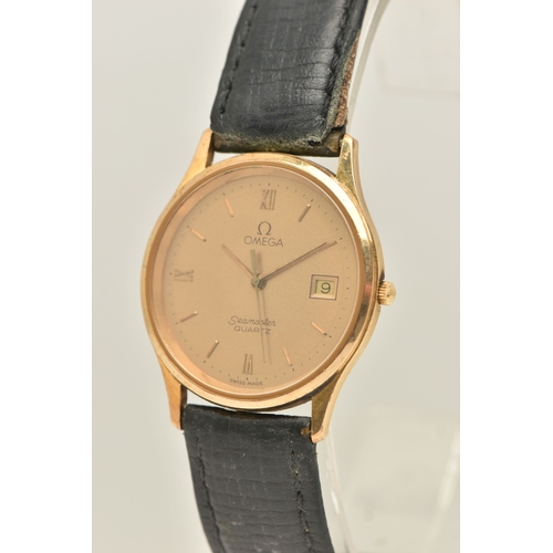 492 - A GENTS YELLOW METAL 'OMEGA' QUARTZ WRISTWATCH, round gold tone dial signed 'Omega Seamaster Quartz'... 