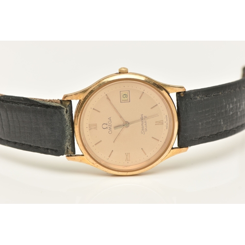492 - A GENTS YELLOW METAL 'OMEGA' QUARTZ WRISTWATCH, round gold tone dial signed 'Omega Seamaster Quartz'... 