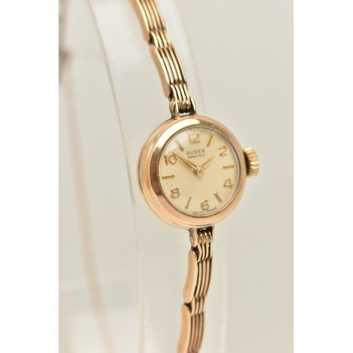 494 - A LADIES 9CT GOLD 'BUREN' WRISTWATCH, manual wind, round silvered dial signed 'Buren Grand Prix', al... 