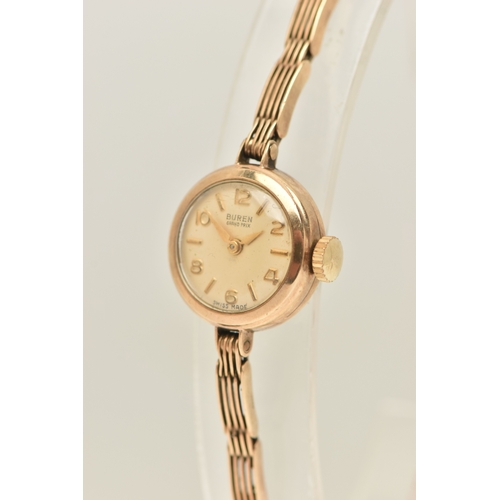 494 - A LADIES 9CT GOLD 'BUREN' WRISTWATCH, manual wind, round silvered dial signed 'Buren Grand Prix', al... 