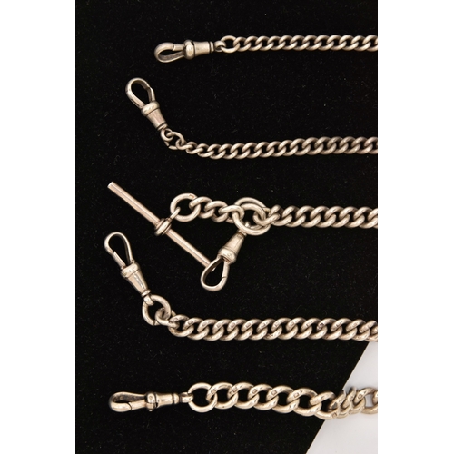 514 - THREE SILVER ALBERT CHAINS, a large graduated curb link chain fitted with a lobster clasp and T-bar,... 