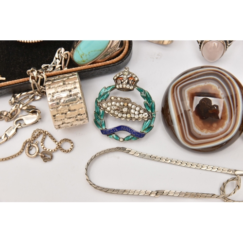 515 - A BAG OF ASSORTED JEWELLERY, to include six silver statement rings set with semi-precious gemstones ... 