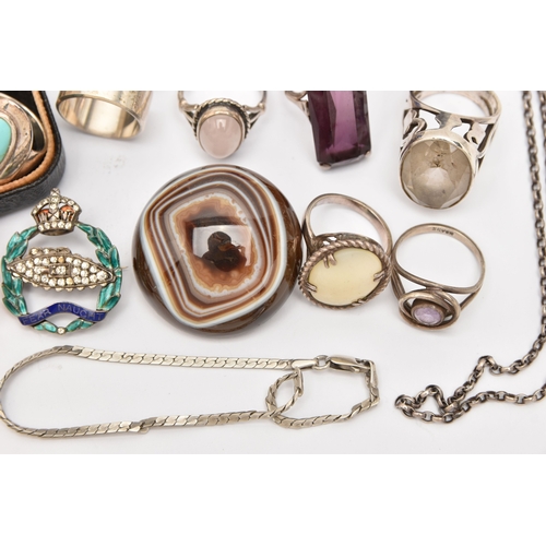 515 - A BAG OF ASSORTED JEWELLERY, to include six silver statement rings set with semi-precious gemstones ... 