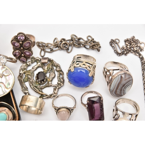 515 - A BAG OF ASSORTED JEWELLERY, to include six silver statement rings set with semi-precious gemstones ... 