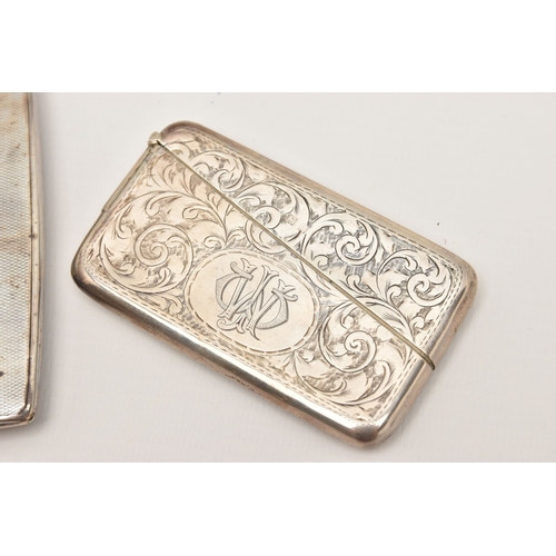 523 - A SILVER CIGARETTE CASE AND CARD CASE, the cigarette case of a square form with engine turned patter... 