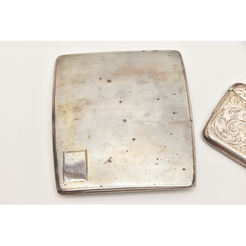 523 - A SILVER CIGARETTE CASE AND CARD CASE, the cigarette case of a square form with engine turned patter... 