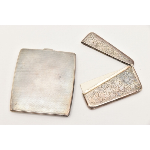523 - A SILVER CIGARETTE CASE AND CARD CASE, the cigarette case of a square form with engine turned patter... 