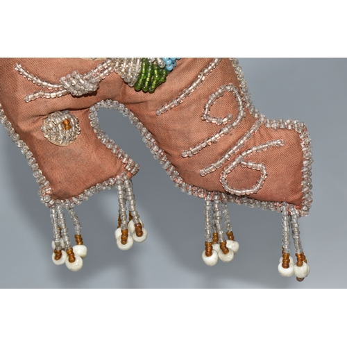 808 - A BOX OF SEWING RELATED ITEMS, comprising a beaded pincushion in the form of a boot, reading 'Montre... 