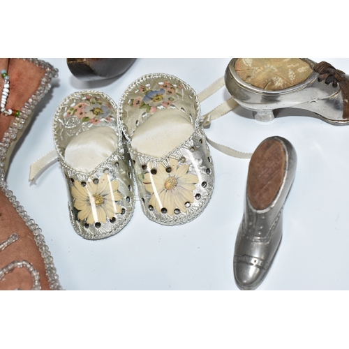 808 - A BOX OF SEWING RELATED ITEMS, comprising a beaded pincushion in the form of a boot, reading 'Montre... 