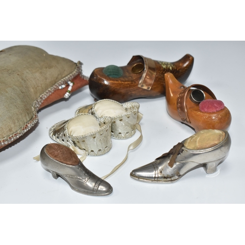 808 - A BOX OF SEWING RELATED ITEMS, comprising a beaded pincushion in the form of a boot, reading 'Montre... 