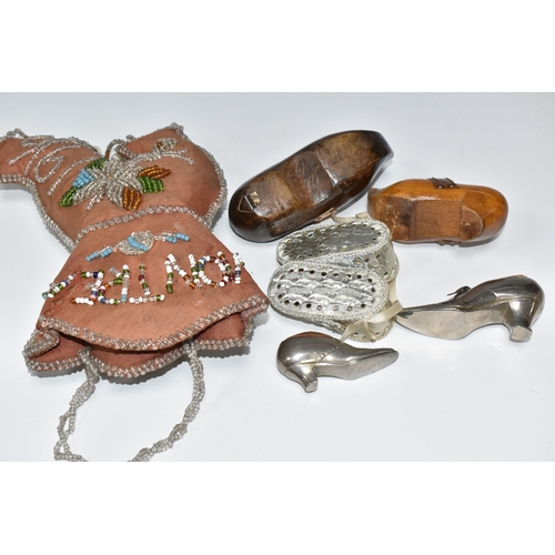 808 - A BOX OF SEWING RELATED ITEMS, comprising a beaded pincushion in the form of a boot, reading 'Montre... 