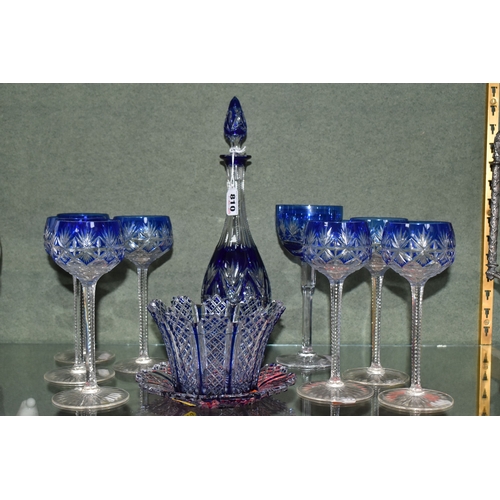 810 - A GROUP OF BLUE CUT TO CLEAR GLASSWARE, possibly Bohemian, to include a decanter of footed form, hei... 