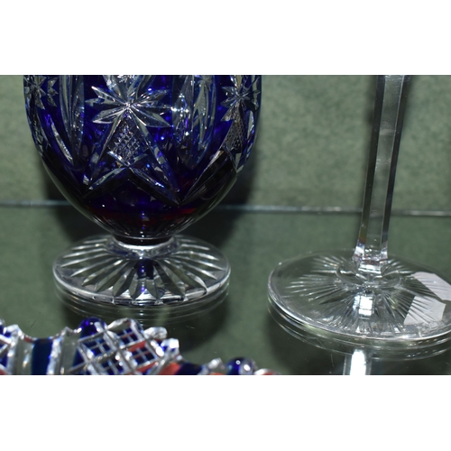810 - A GROUP OF BLUE CUT TO CLEAR GLASSWARE, possibly Bohemian, to include a decanter of footed form, hei... 