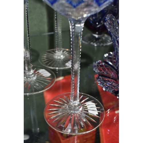 810 - A GROUP OF BLUE CUT TO CLEAR GLASSWARE, possibly Bohemian, to include a decanter of footed form, hei... 