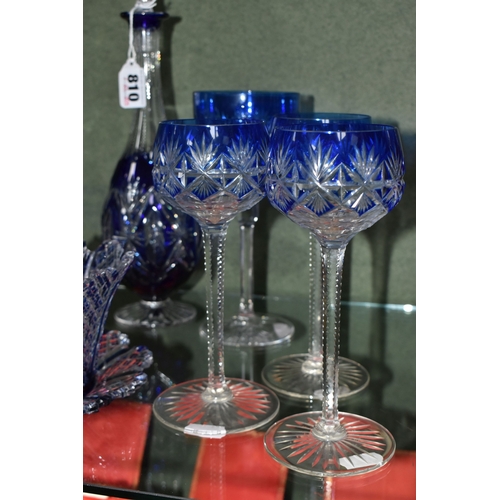 810 - A GROUP OF BLUE CUT TO CLEAR GLASSWARE, possibly Bohemian, to include a decanter of footed form, hei... 