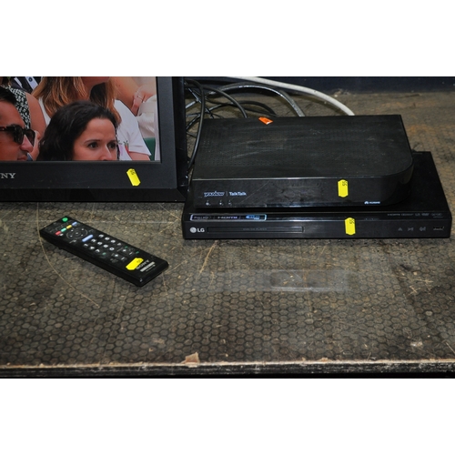55 - A SONY KDL 22S5500 22in TV with remote, wall bracket but no stand, a LG DVD player and a Huawei Free...