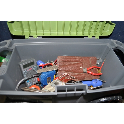 67 - FOUR BOXES CONTAINING TOOLS including a Black and Decker drill, an Ozito sander (both PAT pass and  ...