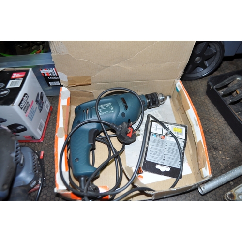 67 - FOUR BOXES CONTAINING TOOLS including a Black and Decker drill, an Ozito sander (both PAT pass and  ...