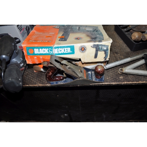 67 - FOUR BOXES CONTAINING TOOLS including a Black and Decker drill, an Ozito sander (both PAT pass and  ...