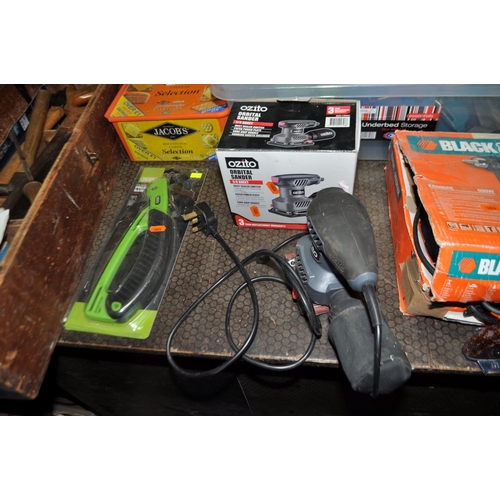 67 - FOUR BOXES CONTAINING TOOLS including a Black and Decker drill, an Ozito sander (both PAT pass and  ...