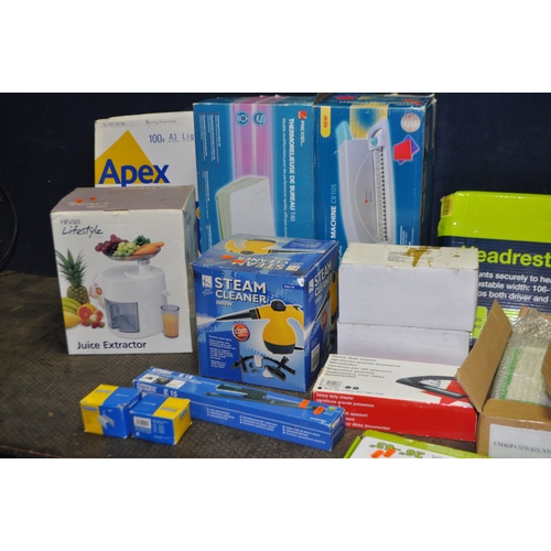 69 - A COLLECTION OF HOUSEHOLD ITEMS including four staplers, six internal and external light fitting, a ...