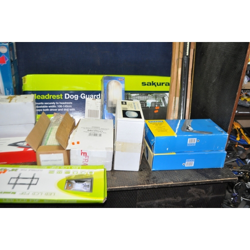 69 - A COLLECTION OF HOUSEHOLD ITEMS including four staplers, six internal and external light fitting, a ...