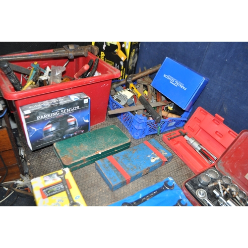79 - A COLLECTION OF AUTOMOTIVE TOOLS including socket sets, spanners, a Record 24 stilson, a bearing pul...