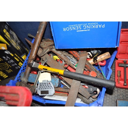 79 - A COLLECTION OF AUTOMOTIVE TOOLS including socket sets, spanners, a Record 24 stilson, a bearing pul...