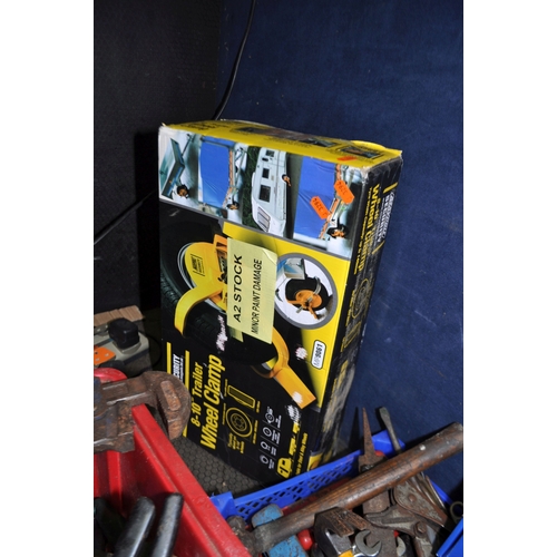 79 - A COLLECTION OF AUTOMOTIVE TOOLS including socket sets, spanners, a Record 24 stilson, a bearing pul...