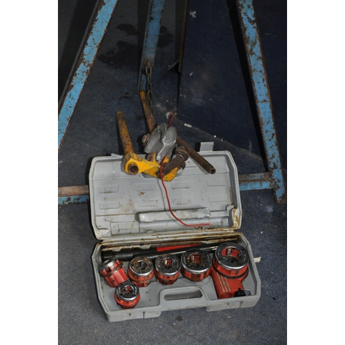 82 - A COLLECTION OF HEAVY DUTY PLUMBING EQUIPMENT including a pipe clamp on stand, a Clarke pipe threadi...