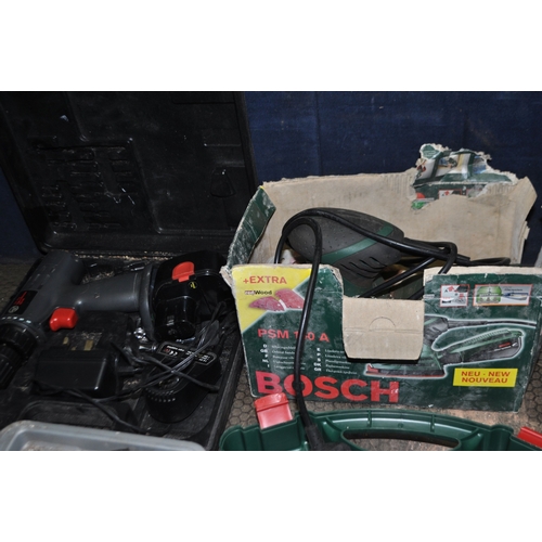 88 - A COLLECTION OF POWER TOOLS including Bosch PSR960 9.6v drill with case, one battery and charger and...