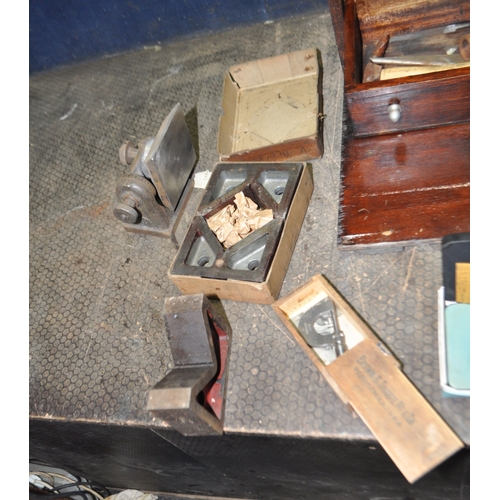 55 - A WOODEN ENGINEERS TOOLBOX CONTAINING MARKING AND MEASURING EQUIPMENT including micrometers, depth a... 